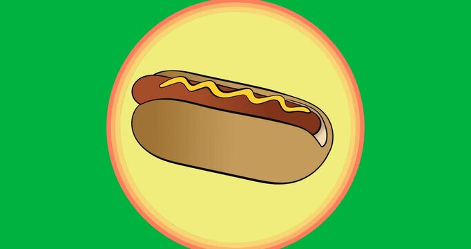 Digitally generated image of hot dog icon on a yellow round banner against black background