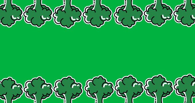Multiple broccoli icons moving in seamless pattern with copy space against black background