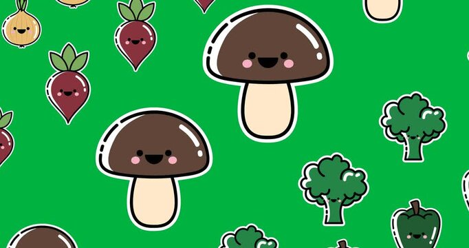 Multiple vegetables icons moving in seamless pattern on black background