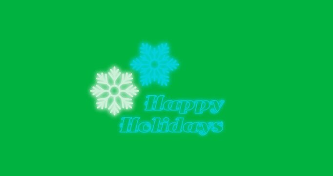 Digital animation of neon happy holidays text with snowflakes icons against black background