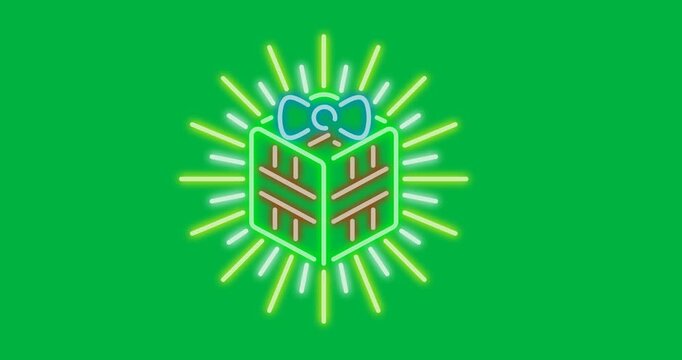 Digital animation of neon christmas gift box icon against black background