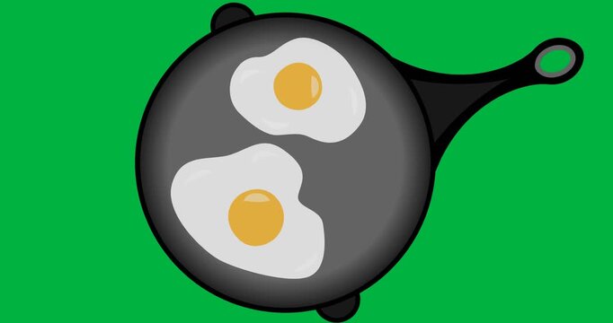 Digital animation of fried eggs in a pan icon against black background