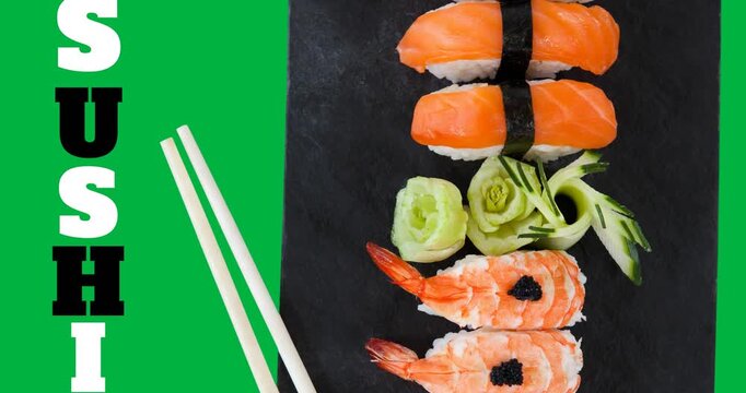 Sushi text with sushi and chopsticks in a plate on black surface