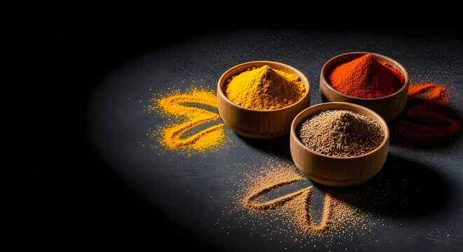 Three wooden bowls of colorful spices on a dark surface with powder designs