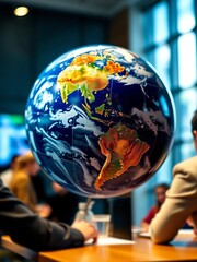 Fototapeta premium Global business meeting with earth focus, blurred professionals planning strategy, digital strategy, professional development
