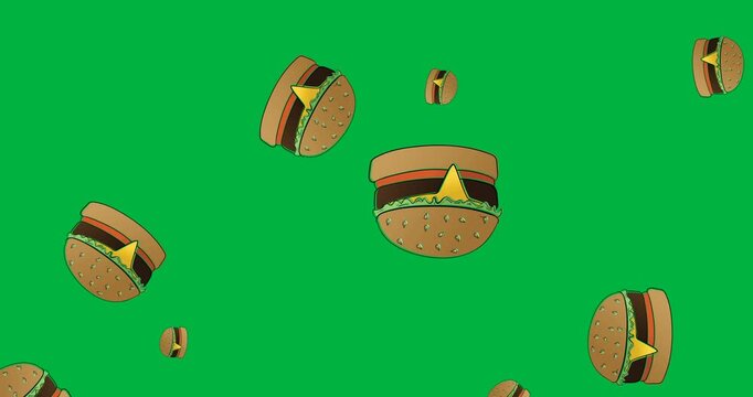Digital animation of multiple burger icons falling against black background