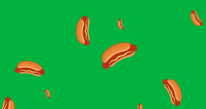 Digital animation of multiple hot dog icons falling against black background