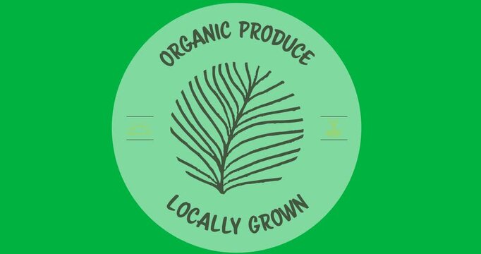 Organic produce locally grown text with leaves icon over a grey round banner on black background