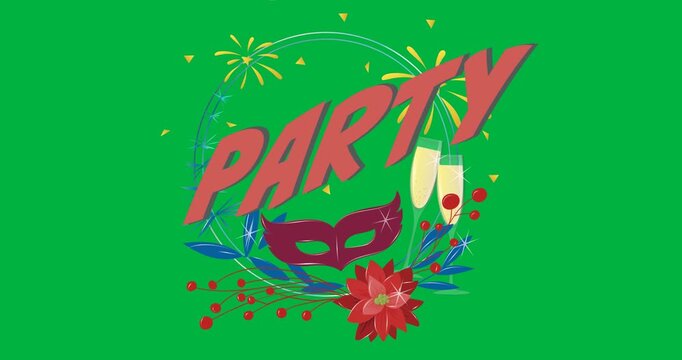 Digital animation of party text over decorative banner against black background