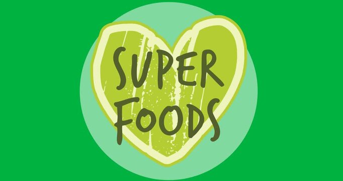 Digital animation of super foods text over green heart and grey round banner on black background