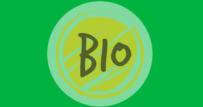 Digital animation of bio over a grey and green round banner on black background