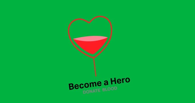 Digital animation of blood inside a heart shape icon with donate blood text against black background