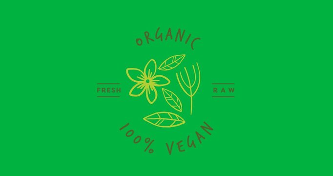 Digital animation of 100 percent vegan text banner with flower and leaf icon on black background