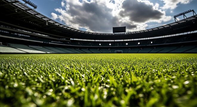 Close up low angle view of green grass on a football soccer stadium pitch with blurred background stands under a cloudy sky with soccer field with ground level