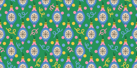 Naklejka premium Seamless Christmas baubles pattern with retro blue teardrop ornaments, snowflake details, confetti dots and curling streamers on green background. Festive holiday repeat for wrapping paper and fabric.