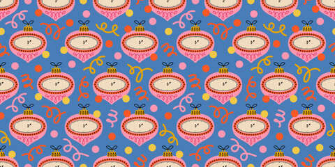 Naklejka premium Seamless Christmas baubles pattern with retro pink ornaments featuring clock faces, confetti dots and curling streamers on a blue background. Festive holiday repeat for wrapping paper and fabric.