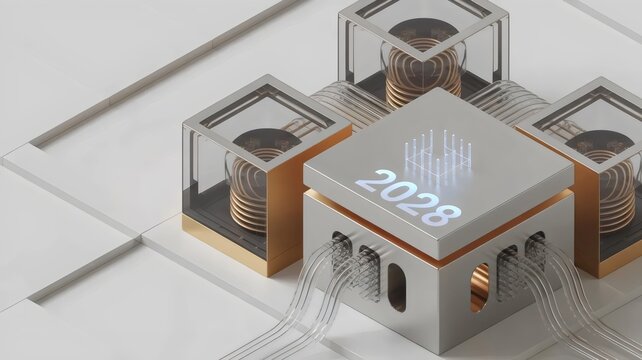 Silver and copper modular quantum processor &ndash; Perfect for innovation labs or data processing technology.