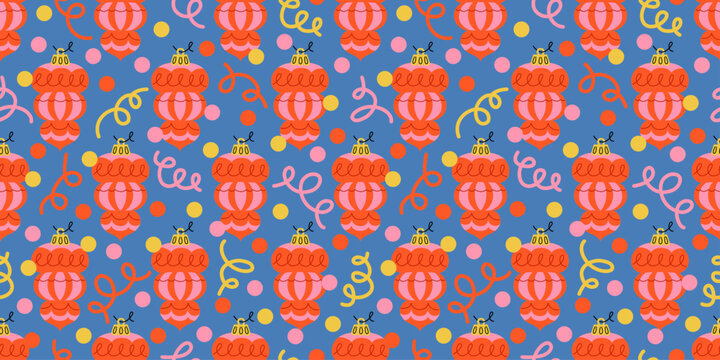 Seamless Christmas baubles pattern with retro pink and red ornaments, confetti dots and curling streamers on a blue background. Festive holiday repeat for wrapping paper, fabric and wallpaper.