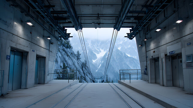 Empty Cable Car Station with Mountain Backdrop