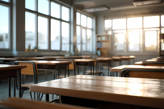 Empty Classroom with Desks and Soft Morning Light