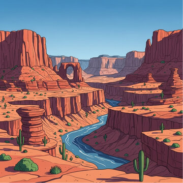 Illustrated Desert Landscape with River Canyon.