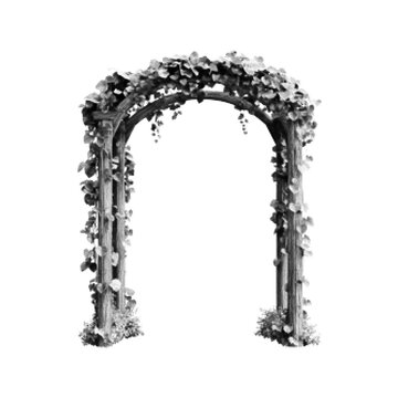 Floral arch with foliage in halftone style, monochrome dotted illustration isolated on white background, decorative garden or wedding element.