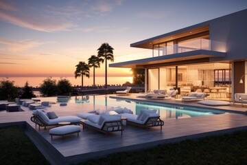 Fototapeta premium Contemporary villa featuring an infinity pool overlooking the ocean at sunset, embodying a luxurious lifestyle