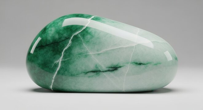 Polished vibrant green gemstone with captivating natural white and dark inclusions studio shot