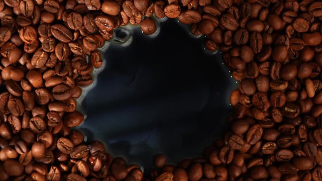 Top View of coffee beans forming a circle around dark coffee. Concept of coffee culture, beverage industry, and morning rituals.