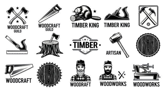 Vintage Woodworking Emblems & Tools: Beaver, Axe, Saw, Hammer, Lathe, Barrel