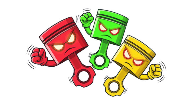 Angry Cartoon Engine Pistons Racing with Fists