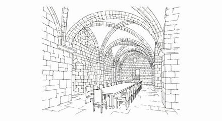 Fototapeta premium Ancient stone hall with arched ceiling and long dining table set for a feast