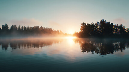 Fototapeta premium A tranquil sunrise over a calm lake, surrounded by fog and trees, creating a serene landscape.