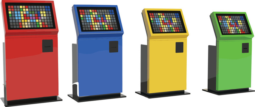 Colorful touchscreen kiosk collection with interactive display, digital interface, ticketing system, public information, modern technology service variations set
