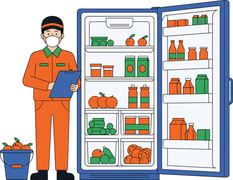 Food inspector checking refrigerator inventory with clipboard, safety inspection, grocery storage, fresh produce organization, retail consumer goods concept design