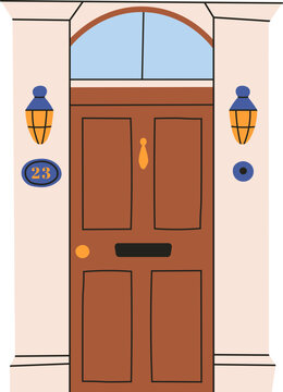 Residential building entrance featuring a brown door, transom window, and house number