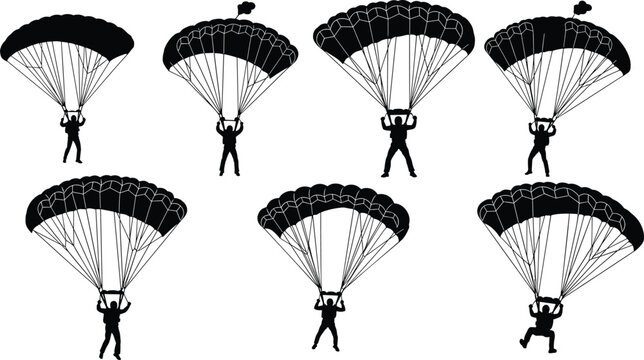 Silhouette illustrations of parachutists descending with open parachutes, showcasing skydiving, aerial sport, and dynamic human motion design