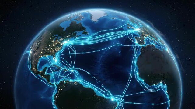 A conceptual image of global communication networks, a photorealistic rendering of Earth from low orbit with visible submarine fiber optic cable routes shown as luminous lines