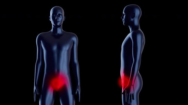Medical 3D animation of pelvic region with red pain zones, shown from front and profile views. Concept for urological problems, groin injury or reproductive health issues.
