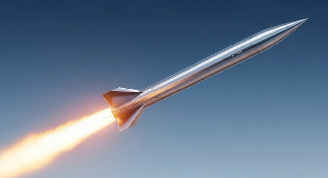 Sleek metallic spacecraft ascending swiftly into clear blue atmosphere propelled by fiery exhaust