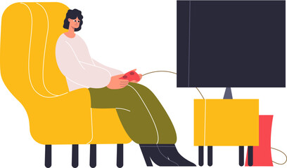 Person sitting in armchair, relaxing and playing video games on TV with a controller © WinWin