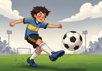 Naklejka premium Young boy enthusiastically kicking a soccer ball during a game on a grassy field