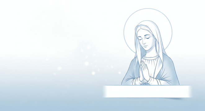 Bunda Maria, gradient white to pale blue, subtle circular aura and light particles on left background