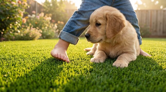 Bare feet of a child walking on soft and lush synthetic green grass