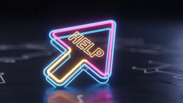 Dynamic neon help cursor icon for digital assistance and online support solutions