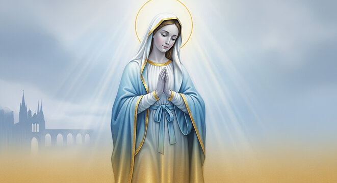 Bunda Maria, gradient pastel blue and gold, distant cathedral silhouettes softly visible on left background