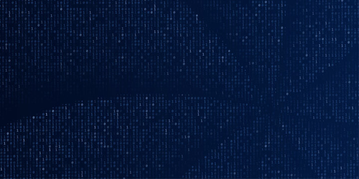 Rotating blue digital matrix code with binary symbols in a futuristic style on a dark blue background. Vector illustration.