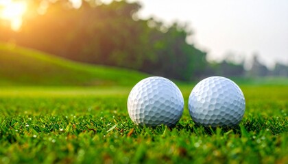 Fototapeta premium close-up of golf balls resting on a perfectly maintained green lawn at a beautiful golf course during early morning.