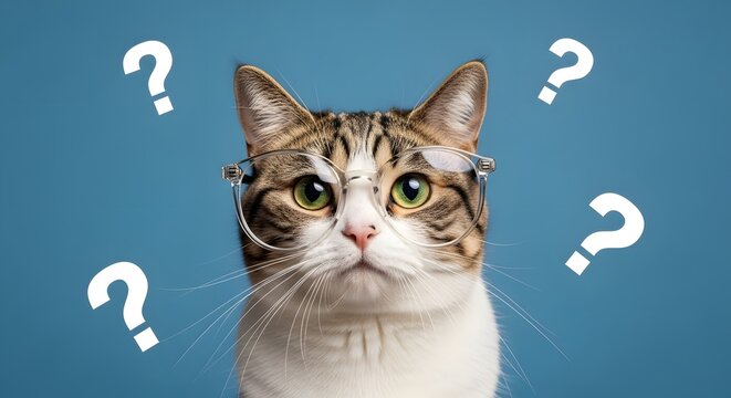 Cute tabby cat wearing clear glasses looking confused with white question marks floating around its head against a solid blue background.