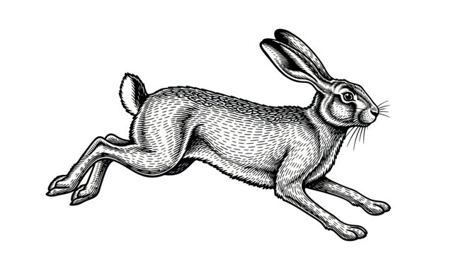 Vintage Hare Running Illustration - Black and White Sketch Style